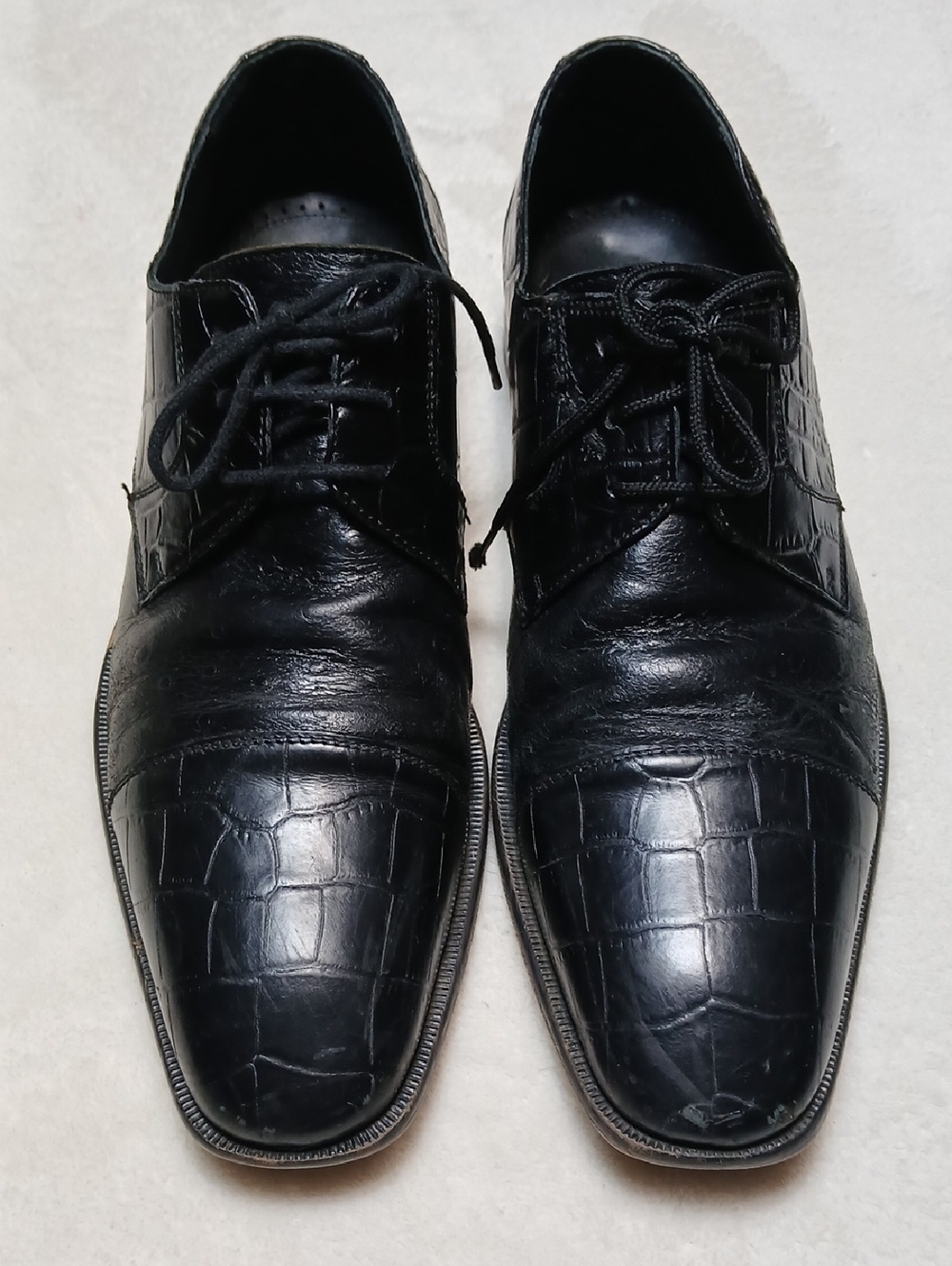 Paul Fredrick Black Croc-Embossed Leather Derby Shoes Size 9.5